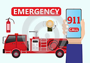 Fire truck service. 911 urgent fire station emergency call