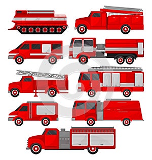 Fire trucks set, emergency vehicles, side view vector Illustrations on a white background