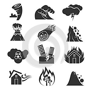 Fire, tsunami, snow, storm, thunder, tornado, hurricane, earthquake disaster vector icons