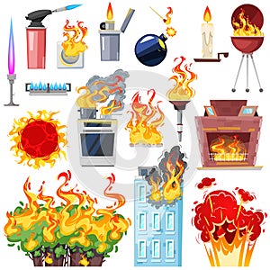 Fire vector fired house with burnt door fiery smoky kitchen in hot flame blaze illustration set of lighter and fireplace