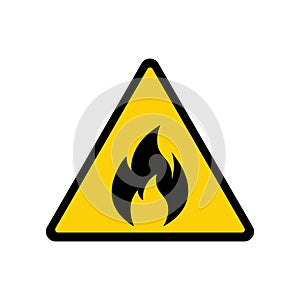 Fire warning sign on white. Fire warning sign in yellow triangle. Flammable, inflammable substances icon. Vector photo