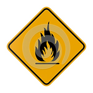 Fire warning sign in yellow romb. Flammable, inflammable substances on white background. Isolated 3D illustration