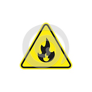 Fire warning sign in yellow triangle. Flammable, inflammable substances icon. Vector isolated sign photo