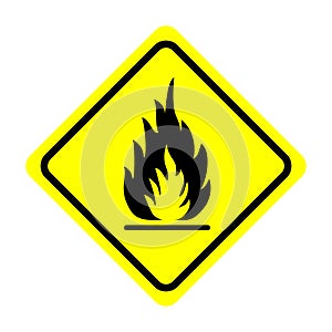 Fire warning sign in yellow triangle. Flammable, inflammable substances. Vector illustration