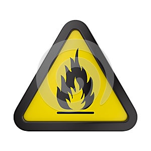 Fire warning sign in yellow triangle. Flammable, inflammable substances on white background. Isolated 3D illustration