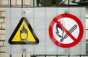 Fire warning signs compressed oxygen gas cylinders