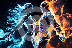 Fire and water in the form of fighting people. Yin Yang symbol. Neural network AI generated