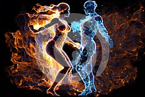 Fire and water in the form of fighting people. Yin Yang symbol. Neural network AI generated