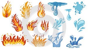 Fire and water set. Flames of different shapes. Different Water Drops. Vector cartoon illustration isolated on the white