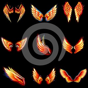 Fire wings phoenix vector winged angel burning fantasy bird fiery wingspan of inferno fireburn in hot hell illustration photo