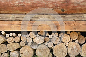Fire wood background texture. closeup of chopped fire wood stack