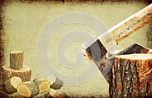 Fire wood concept.Axe chopping log