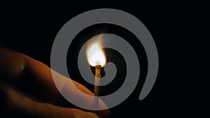 Fire of a Wooden Match in Complete Darkness, Disappears from the Flame on a Black Background, Lighting and Burning Until