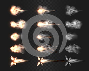 Firearm muzzle flash special effects isolated on transparency grid, various smoke cloud after gun being fired