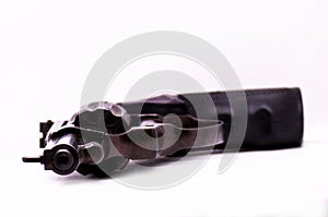 Firearms gun with ammunition on white background