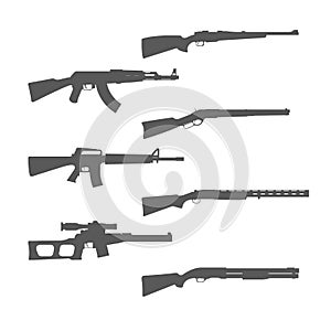 Firearms silhouettes collection, shotgun, m16 rifle and hunt handgun, guns and weapons photo