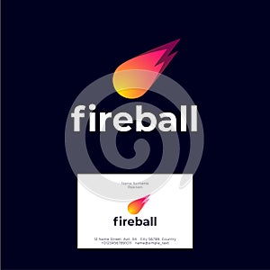 Fireball logo. Letters and icon. Bright meteor on a dark background.