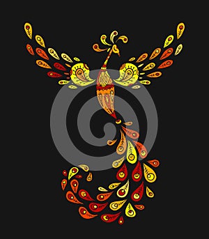 Firebird with a Majestic Tail. Phoenix Bird. Mythical character. Ornamental Silhouette for your design