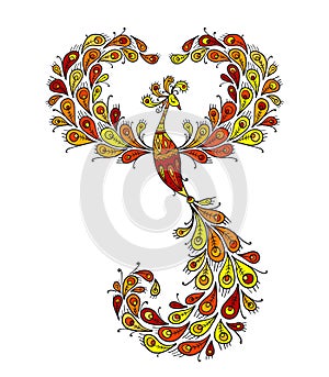 Firebird with a Majestic Tail. Phoenix Bird. Mythical character. Ornamental Silhouette for your design
