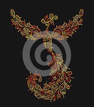 Firebird with a Majestic Tail. Phoenix Bird. Mythical character. Ornamental Silhouette for your design