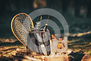 Firebox stove in the camp during fishing