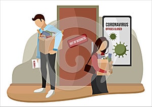 Fired and dismissed people from job. Dismissal, severance, termination in case of coronavirus or virus COVID-19. Unemployed