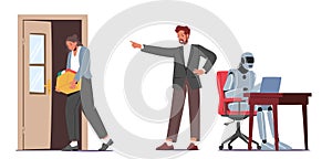Fired Employee Character Leave Office With Box. Boss Dismiss Worker, Artificial Intelligence Robot Machine Replace Human