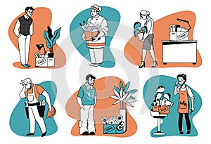 Fired employee. Depressed unemployed men and women of different professions with personal stuff. Vector unhappy cartoon