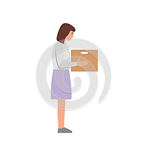 Fired office woman worker holds box