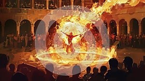 A fireeater performing a dazzling display of flames and dangerous feats in a public square drawing a large crowd of