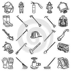 Firefighter-1 Set Icon Vector. Doodle Hand Drawn or Outline Icon Style