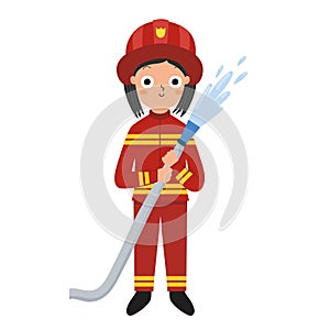 Cute firefighter girl in cartoon style. Funny kid in fire fighter red uniform holding hose