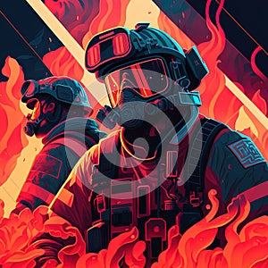 Firefighter in action, fighting with fire. Concept for poster or template for international firefighters day. Generative AI