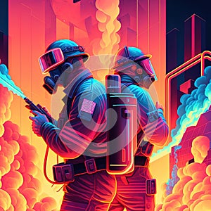 Firefighter in action, fighting with fire. Concept for poster or template for international firefighters day. Generative AI