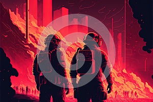 Firefighter in action, fighting with fire. Concept for poster or template for international firefighters day. Generative AI