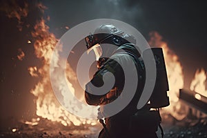 Firefighter in Action, Fireman Wearing Protective Gear in a Fire Scene, Put Out Fire, Generative AI