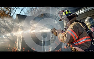 Firefighter in action, spraying water to extinguish flames engulfing a residential house, showcasing bravery and