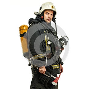 Firefighter with axe and oxygen balloon