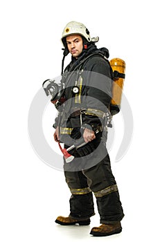 Firefighter with axe and oxygen balloon