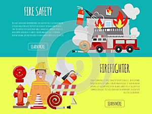 Firefighter banner vector illustration. Firefighting equipment firehose hydrant and extinguisher. Fireman in uniform