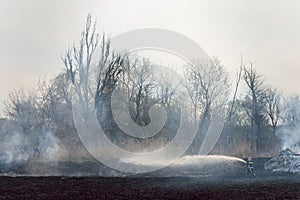 Firefighter battle with the wildfire. Firefighters are training. Firemen are using foam or water in fire fighting operation