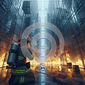 A firefighter battling a blaze in a building with walls made o