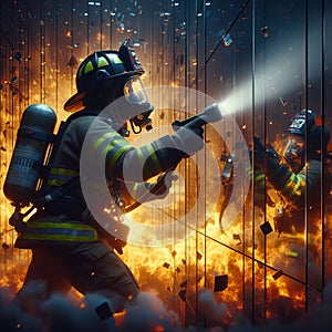 A firefighter battling a blaze in a building with walls made o