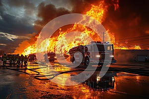 Firefighter battling intense flames, Generative AI