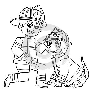 Firefighter Boy and Firefighter Dog Isolated