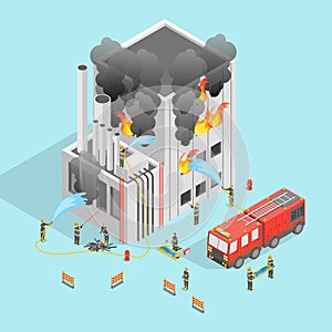 Firefighter and Building on Fire Concept 3d Isometric View. Vector
