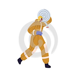 Firefighter carrying hose. Fire fighter, fireman hurrying, holding firehose, firefighting equipment. Emergency service photo
