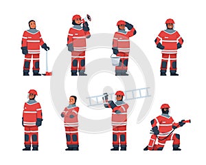 Firefighter. Cartoon fireman characters wear professional rescue uniform. Men hold flame extinguisher and ladder