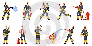Firefighter characters emergency service watering fire and save people. Firefighting emergency situations vector