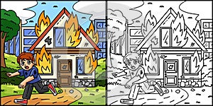 Firefighter Civilian Burning House Illustration